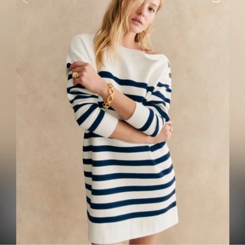 Sezane Cream and Navy Striped Long Sleeve Knit Dress